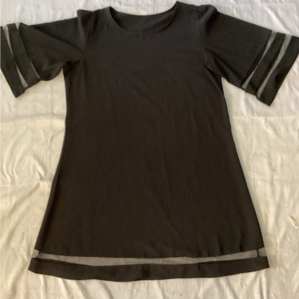 Elegant Black 3/4 Bell  Sleeves Dress with Sheer Accents